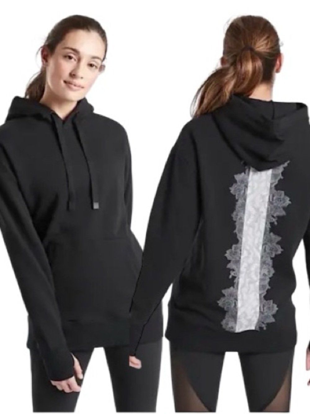 ATHLETA Rose Lace Tunic Hoodie Sweatshirt BLACK SIZE XS  510364 T0829 Yoga